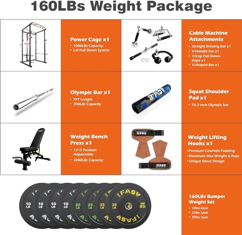 PRODC Multi-functional 160lb Power Cage Home Gym Set, Adjustable Pullup Squat Rack 1000lbs Capacity Fitness Barbell Rack