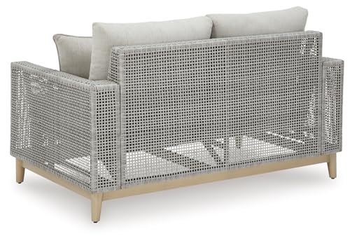 Signature Design by Ashley Seton Creek Cottage Weather Resistant Outdoor Loveseat with Cushion and 2 Throw Pillows Light Brown & Light Gray