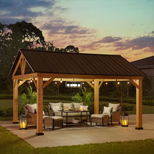 Sunjoy Wood Gazebo 13x15 ft Premium Cedar Frame with Brown Steel Hardtop Roof Brown + Natural Wood
