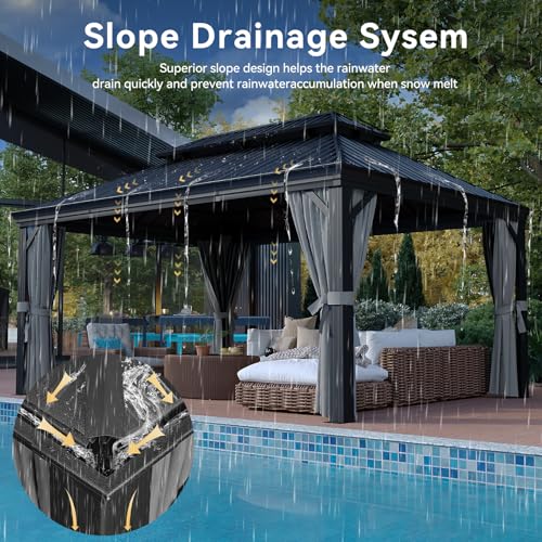 Aoxun 12' x 16' Permanent Hardtop Aluminum Gazebo with Double Roof, Curtains & Netting Gray