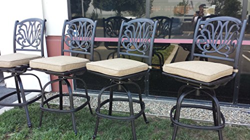 Patio Land Elizabeth Outdoor Armless Swivel Bar Stools Cast Aluminum Bronze with Walnut Cushions