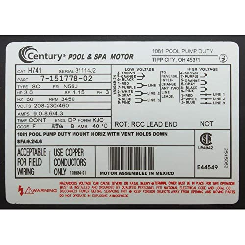 AO Smith Century Electric Three Phase Pool Motor 3HP 3450RPM