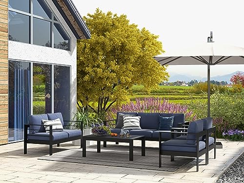 Solaste Aluminum Patio Furniture Set 7 Seats Modern Outdoor Sectional Sofa with Coffee Table Blue Cushion