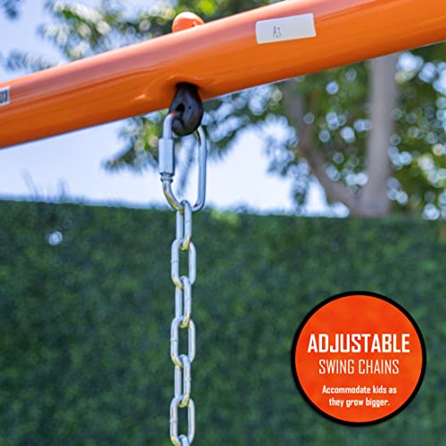 Jungle Warrior Anaconda Metal Swing Set with Saucer & Sling Swings, Rock Wall, 5ft Slide Orange/Green/Grey