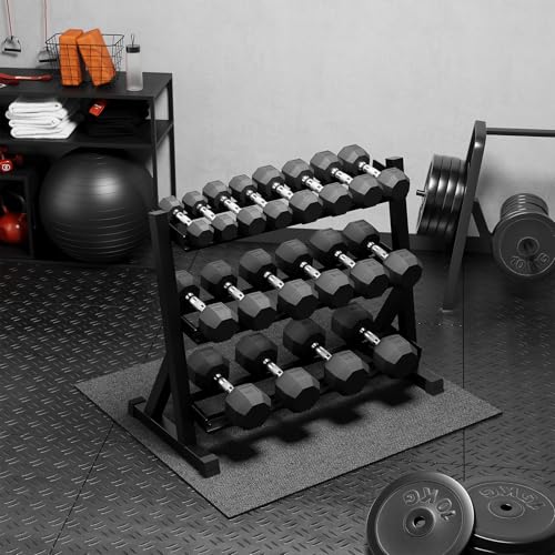 GarveeLife Premium Rubber Coated Hex Dumbbell Weight Set with Rack Black