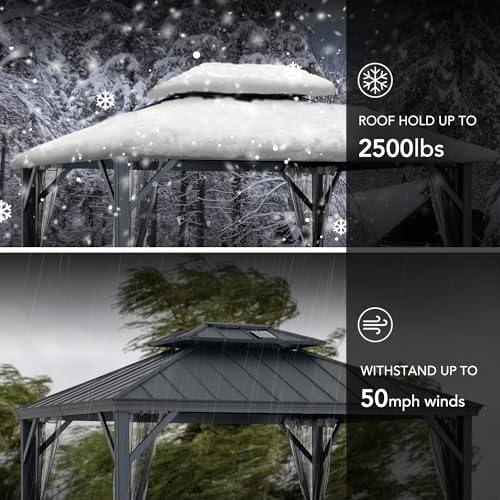 Sunjoy Hardtop Gazebo 10x12 ft Outdoor Patio Aluminum Frame with Solar Panel and Netting Black