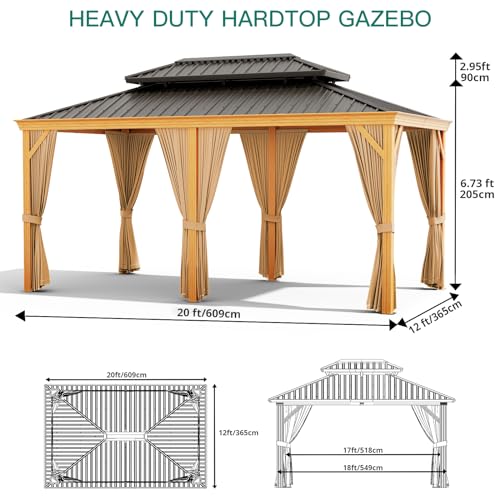 Euker 12x20 FT Outdoor Hardtop Gazebo Heavy-Duty Galvanized Steel Double Roof with Netting and Sunshade Curtains Wood Grain