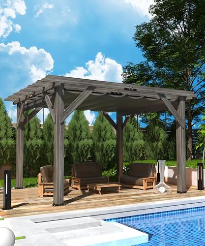 DEXSO 10' x 12' Cedar Wood Pergola with Retractable Shade Canopy Charcoal Gray