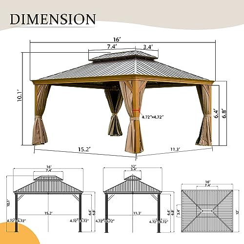 Domi Outdoor Living 12’ x 16’ Hardtop Gazebo Aluminum Wood Grain with Double Canopy Wood-Looking