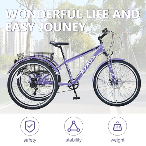 KOZYSFLER Ultimate Comfort 7-Speed Adult Tricycle 26-Inch Wheels Purple
