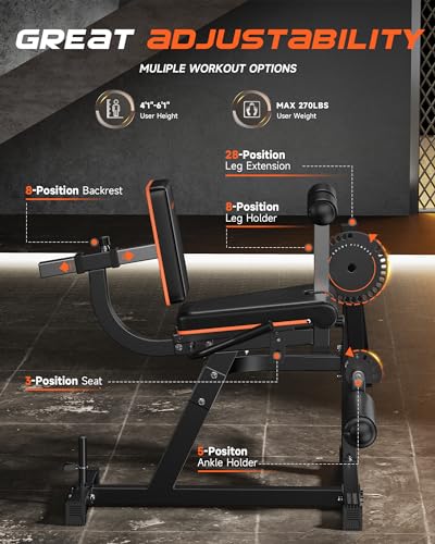 FEIERDUN 3-in-1 Adjustable Leg Extension and Curl Machine Black and Orange