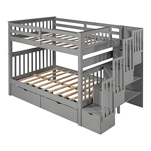 Harper & Bright Designs Full Over Full Bunk Bed with Storage Drawers and Stairway Grey