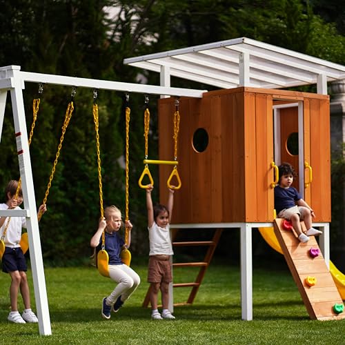Avenlur Modern Wooden Outdoor Swing Set with Clubhouse & Slide Yellow