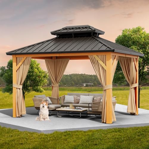 GarveeLife 10x12ft Double Roof Hardtop Gazebo with Netting and Curtains Wood Grain