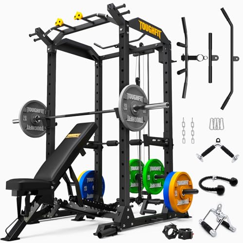 ToughFit 2024 T2 Power Cage Multi-Function Power Rack with LAT Pulldown Black