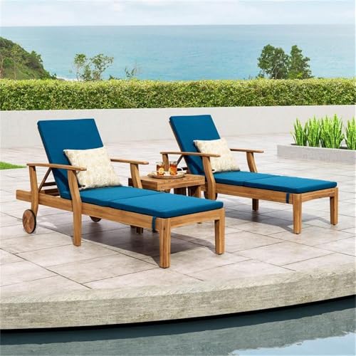 Noble House Perla Outdoor Wood 3-Pc Chaise Lounge Set with Cushion Blue