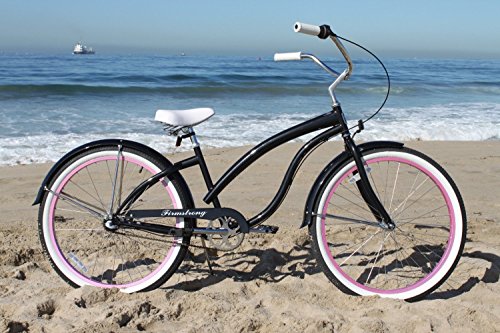 Firmstrong Bella Fashionista 3-Speed Beach Cruiser Bicycle 26-Inch Matte Black/Pink Rims