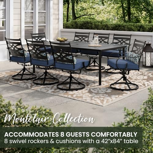 Hanover Montclair 9-Piece Outdoor Dining Set with 8 Swivel Rocker Chairs and Table, Navy