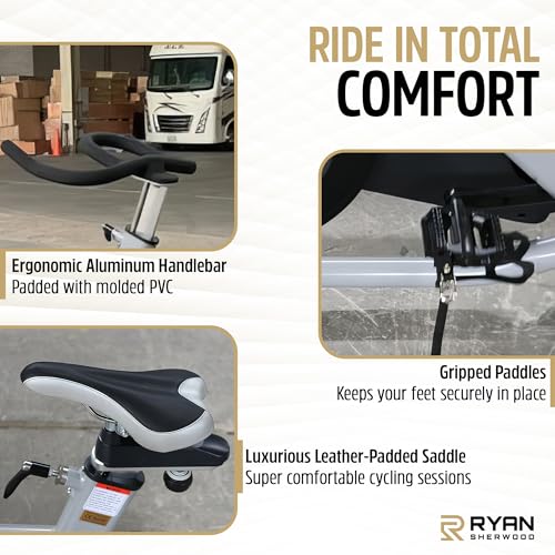 R RYAN SHERWOOD Exercise Spin Bike Commercial for Gym (50 lb Flywheel) 350 lb Capacity - Grey