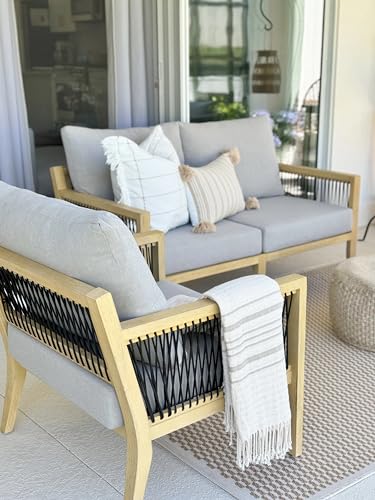 Nathan James Freya Bohemian Wood Loveseat Gray Cushion/Natural Brown Wood