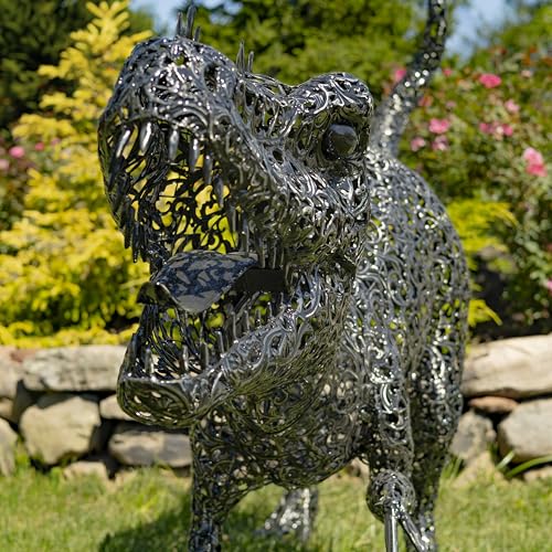 Zaer Ltd. 5.6 ft. Tall Crouching Tyrannosaurus Rex Outdoor Metal Statue "T-Bone" Metallic