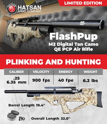 Wearable4U Hatsan FlashPup QE Limited Edition .25 Cal Air Rifle Digital Tan Camo Bundle with Pellets, Targets, and Scope