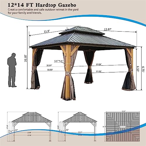 NicBex 12'x14' Hardtop Gazebo Outdoor Cedar Wood Frame with Steel Double Roof Brown