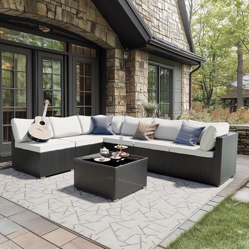 Skyfish 7 Pieces Patio Furniture Set Outdoor Sectional Wicker Rattan with Cushion and Glass Table Black & Beige