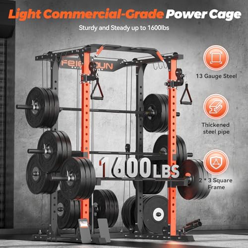 FEIERDUN Multi-Function Squat Rack Power Cage with Cable Crossover, 2000LBS Capacity, Orange/Black