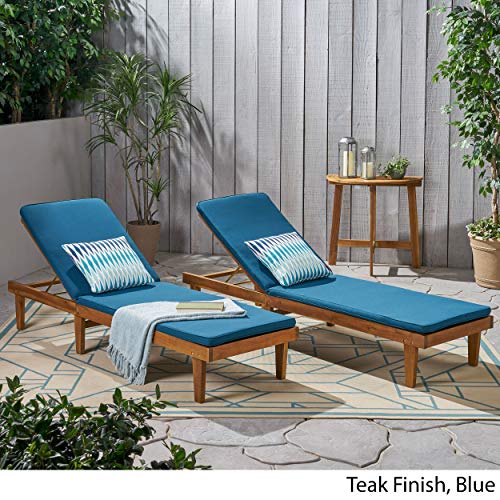 Christopher Knight Home Madge Outdoor Chaise Lounge with Cushion Set of 2 Teak Finish Blue