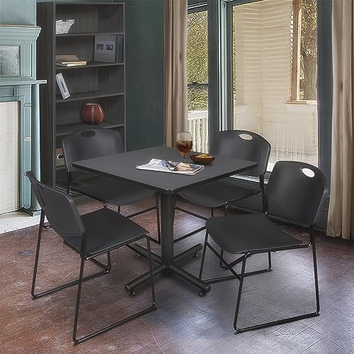 Regency Kobe 36-Inch Square Breakroom Table Grey with 4 Zeng Stack Chairs Black