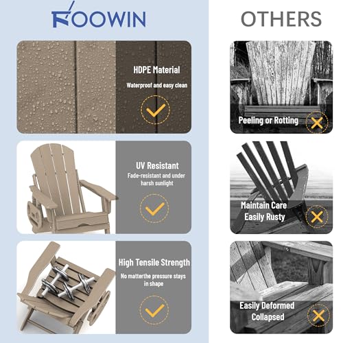 FOOWIN Adirondack Chair with Retractable Ottoman, Adjustable HDPE Folding Chair Set of 4, All-Weather Resistant, Brown