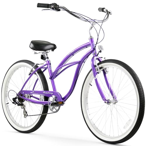 Firmstrong Urban Women's Beach Cruiser Bike, 7 Speed, 26 Inch, Purple w/ Black Seat