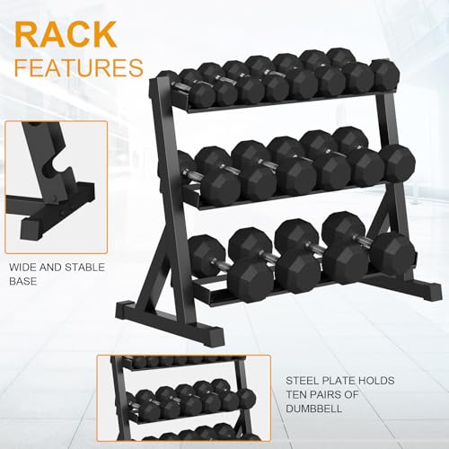 GarveeLife Premium Rubber Coated Hex Dumbbell Weight Set with Rack Black