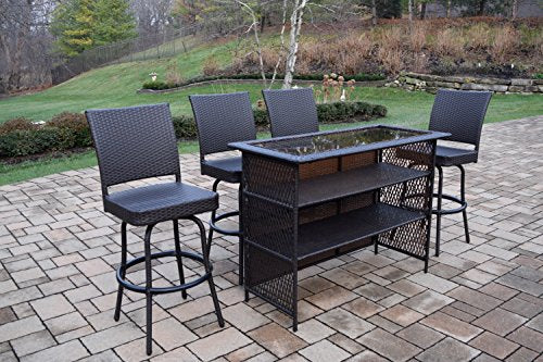 Oakland Living Ice Cooler Carts Elite All Weather Resin Wicker 5 Piece Bar Set with 4 Swivel Bar Stools Coffee