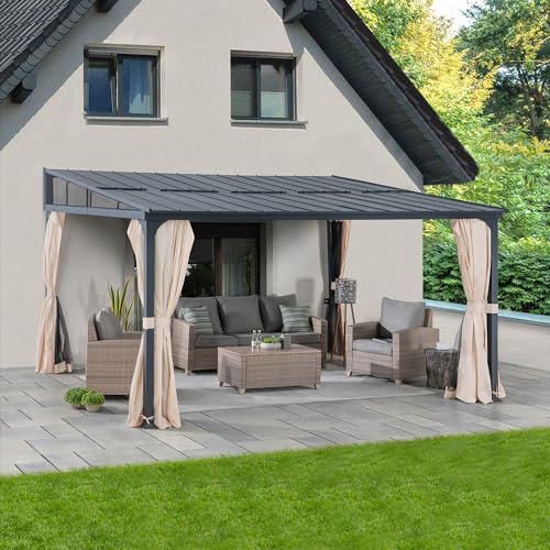 Sunjoy 12x14 ft Wall Mounted Gazebo with Powder Coated Steel Roof, Black Aluminum Frame, Curtains & Netting Black