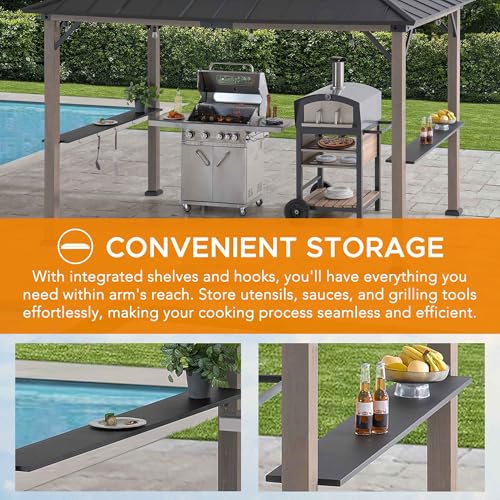 Sunjoy Wooden Grill Gazebo 8x12 ft Steel Hardtop Solar Power Outdoor Cooking Shelter Black