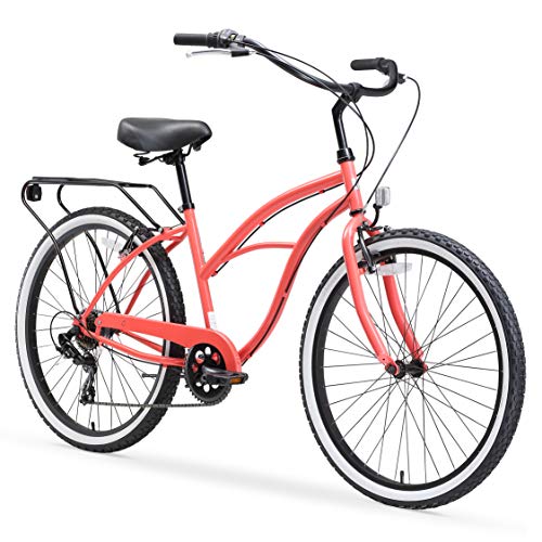sixthreezero Women's Beach Cruiser Bike Around The Block Hybrid Bicycle Coral w/ Black Seat/Grips
