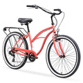 sixthreezero Women's Beach Cruiser Bike Around The Block Hybrid Bicycle Coral w/ Black Seat/Grips