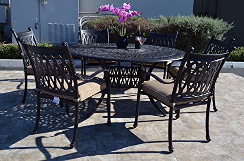 Patio Land Grand Tuscany Outdoor Patio 7 pcs Dining Set with 6 Swivel Rocker Chairs Sunbrella Sesame