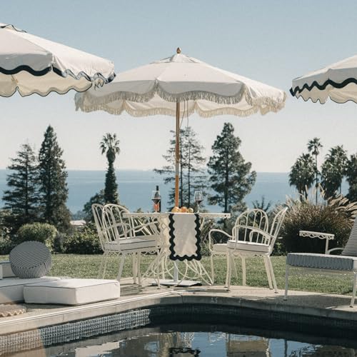 Business & Pleasure Co. Market Umbrella 7' Antique White Boho Fringe Outdoor Patio Umbrella