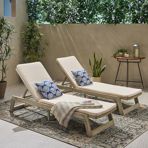 Christopher Knight Home Maki Outdoor Acacia Wood Chaise Lounge Set of 2 Weathered Gray + Gray + Cream