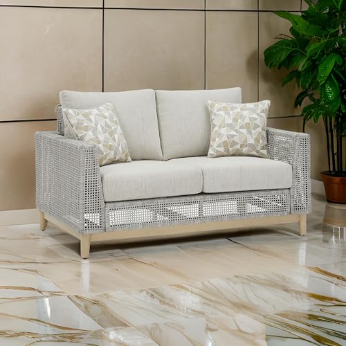Benzara Yami 59 Inch Outdoor Loveseat with 2 Accent Pillows Gray and Brown