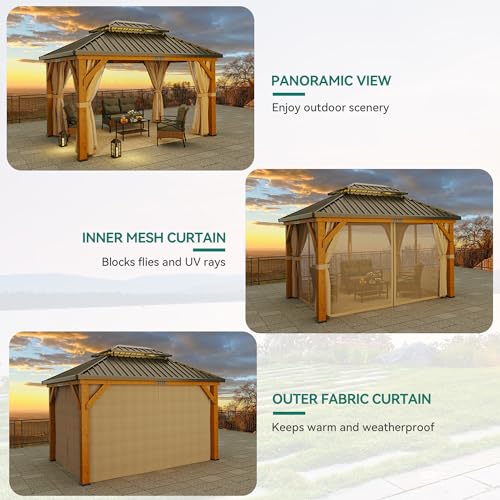 YITAHOME 11x13FT Wooden Frame Gazebo Double Roof Hardtop Canopy with Curtain and Netting Beige Yellow