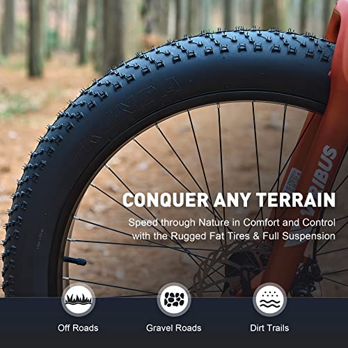 Viribus Fat Tire Bike Mens Mountain Bike Full Suspension 21 Speed Aluminium Alloy Frame 26" MTB Adult Bicycle Orange