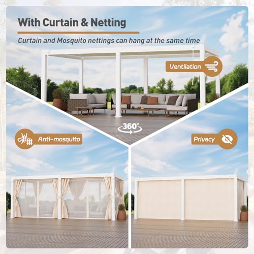 COSIEST 10'x20' Outdoor Louvered Pergola with Adjustable Roof, Netting & Curtains, Hardtop Gazebo Sun Shade White