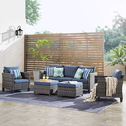 OvioS 5-Piece Patio Furniture Set Outdoor Wicker Rattan Sofa Couch with Chairs and Ottomans Denim Blue