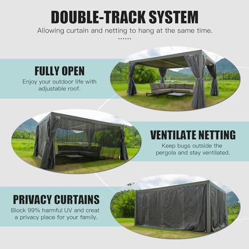Domi Outdoor Living Louvered Pergola 10x13FT Aluminum Rainproof Backyard with Curtains and Netting Gray