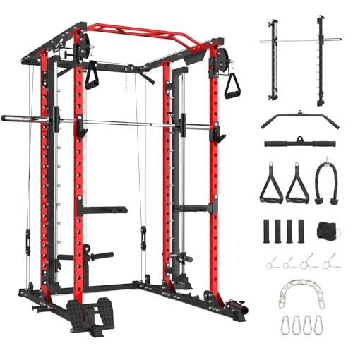 STMHOM Power Cage with Smithbar, 2000 Lbs Power Rack, Cable Crossover System, Black/Smithbar Red