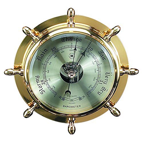 Bey-Berk Lacquered Brass Ship's Wheel Barometer with Beveled Glass Gray